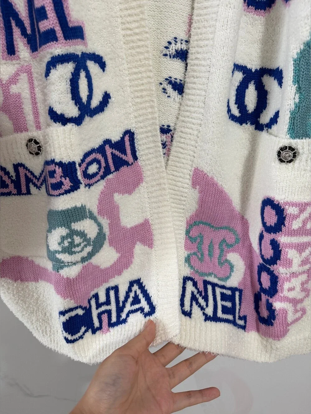 Chanel Cream Logo Graphic Knit Cardigan